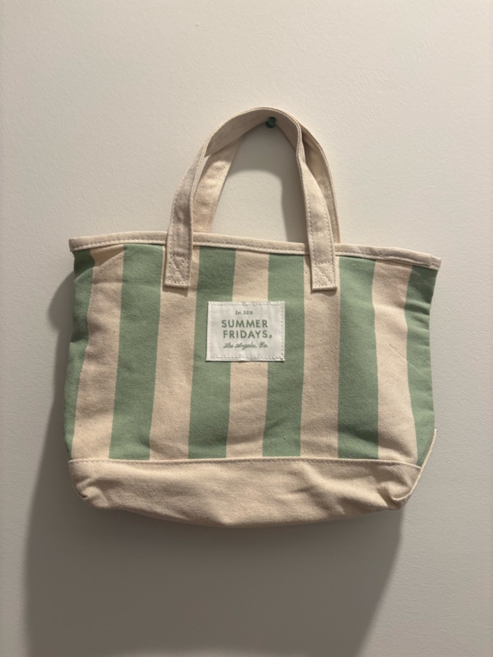 Summer Fridays Stripe Canvas Tote in Sage and Cream